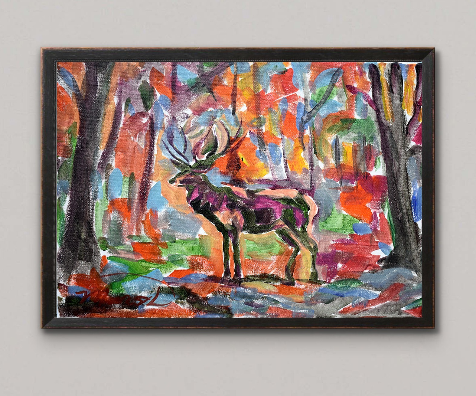 Original 11×14 Impressionist Deer Forest Painting Acrylic Canvas Signed Decor