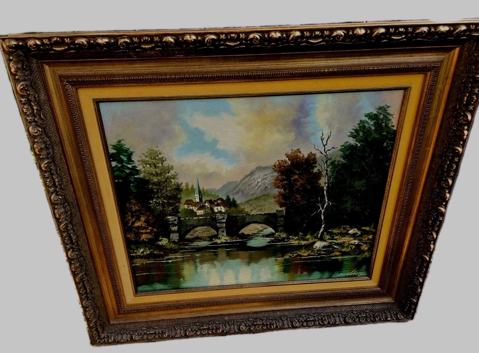 Original Bradley Signed Oil Canvas Art Landscape Framed Art 20×16 Framed 27×23