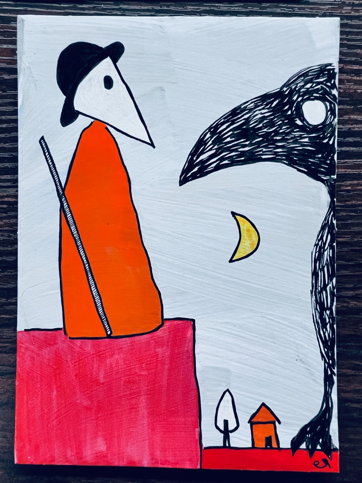 e9Art 5×7 ‘interrogation’ outsider folk art brut naive fantasy crow surreal