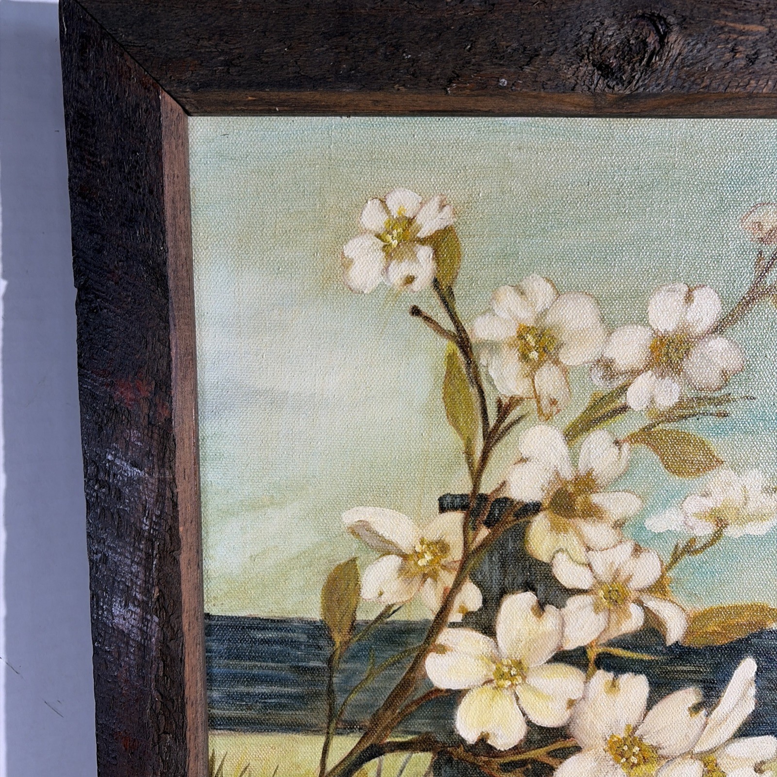 Vintage White Dogwood Blossoms Art Painting Flowers Rustic Botanical Landscape