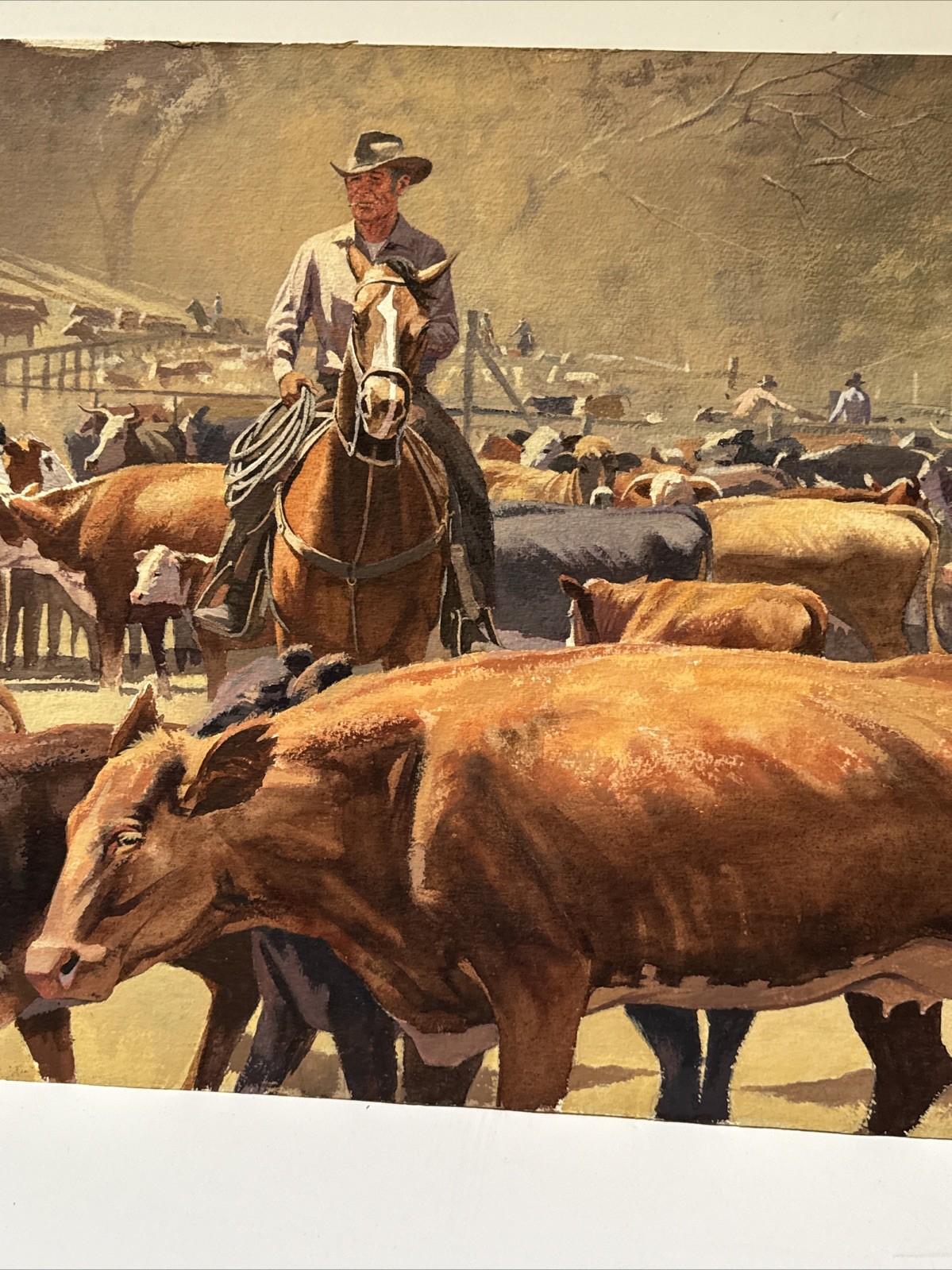 VINTAGE COWBOY PAINTING WESTERN RANCH COWBOYS FARM FARMING AMERICAN COWS