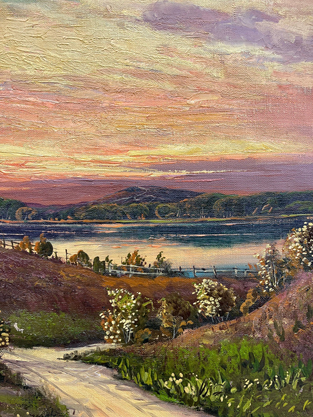 Impressionist Evening Summer Landscape With Lake Oil Painting, Antique, Framed