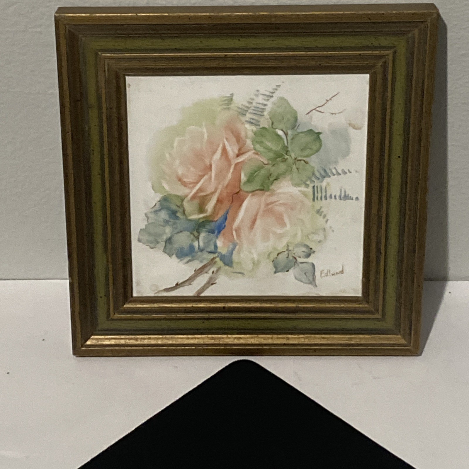 Signed Hand Painted Porcelain Tile Floral Plaque Framed Picture Wall Hanging