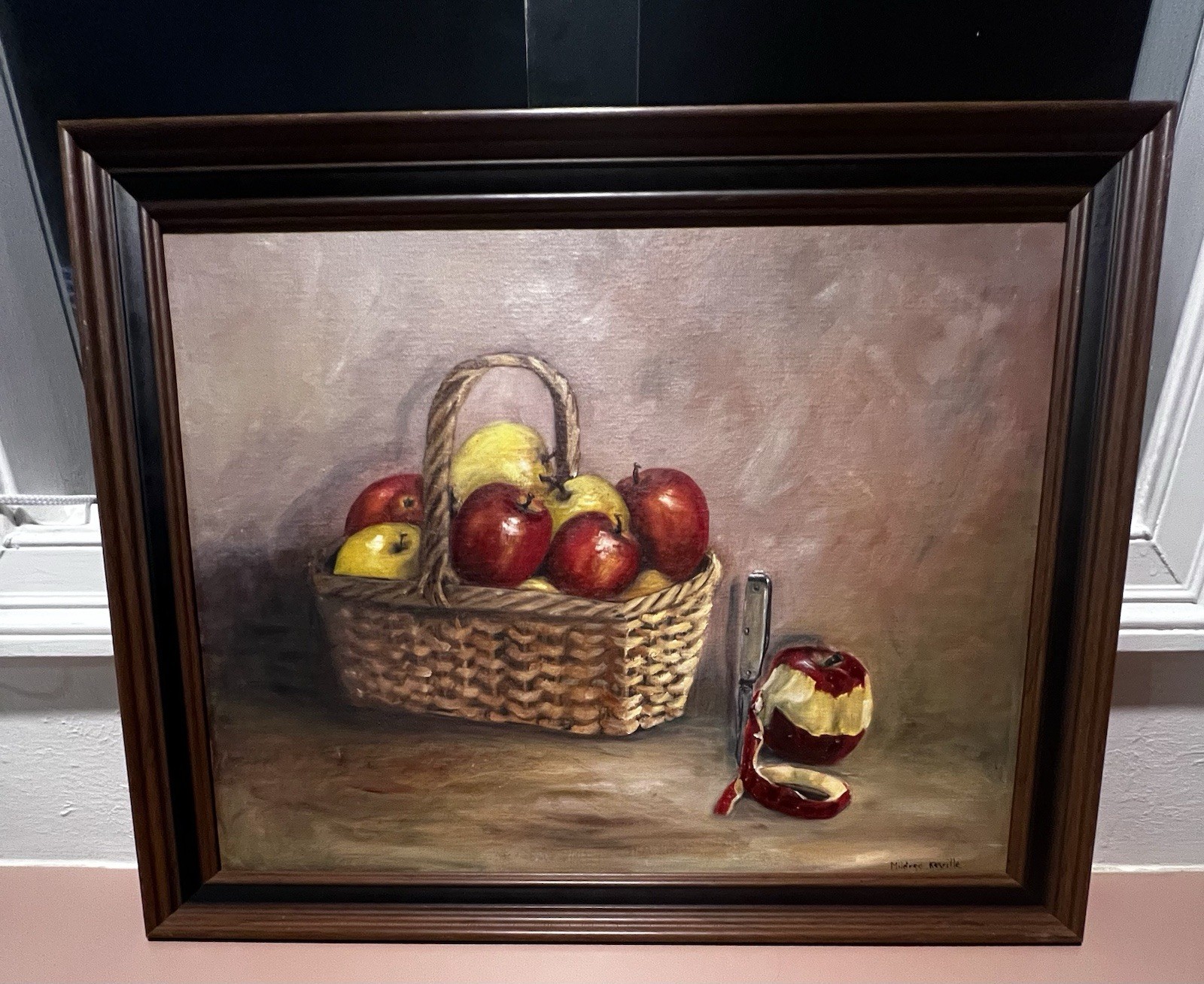 Red & Green Apples in a Basket & Cored Apple Signed Mildred Keville