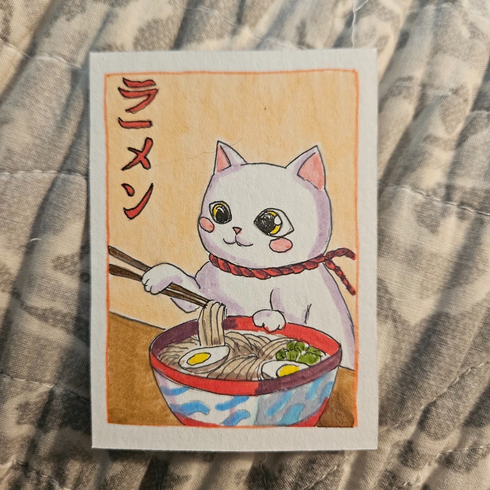 ACEO Art Original Acrylic, 2.5 x 3.5 inches, japanese ramen cat
