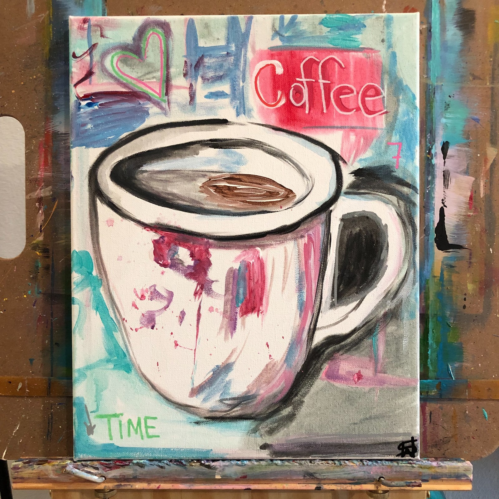 WS original coffee time neo expressionism painting 14X11 canvas colorful acrylic