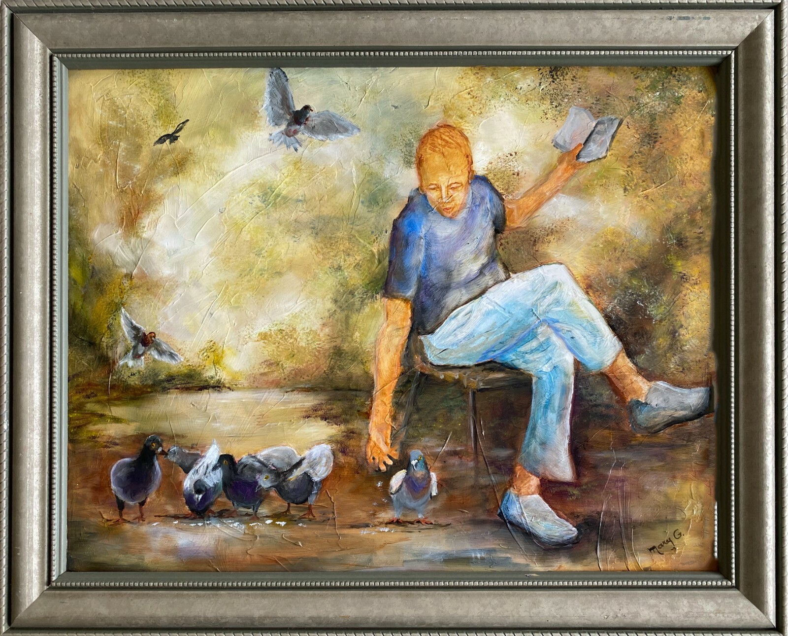 Feeding Pigeons Original Oil Painting on Gessoed Masonite Framed 12×16 by artist