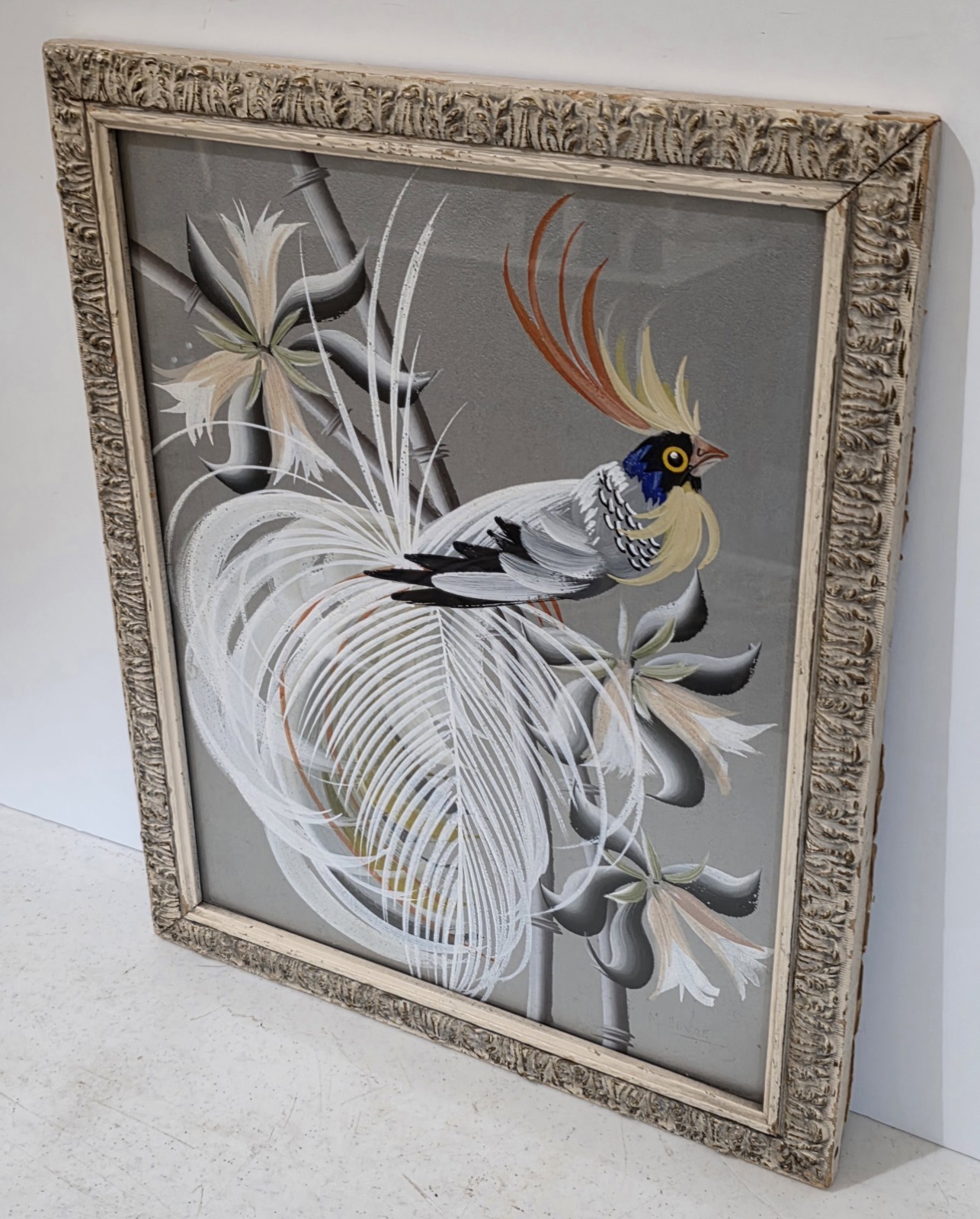 1950s MCM Bird Of Paradise Original Silverboard Painting Framed 16″x20″