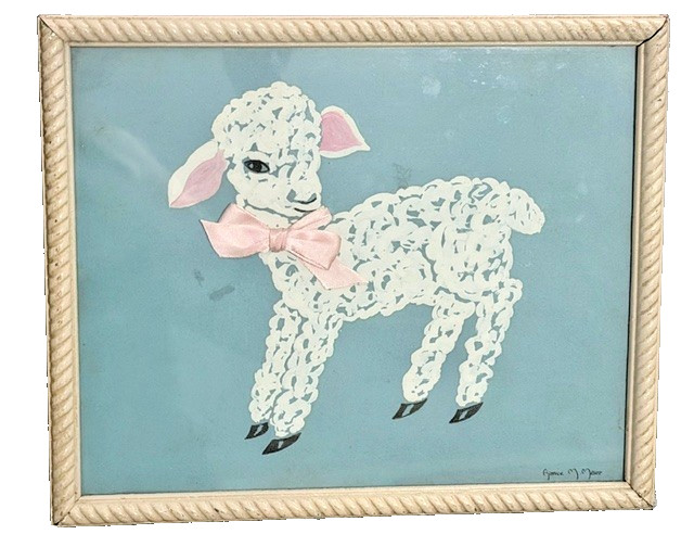 Vintage Nursery Lamb Painting AimeeMeier Pink Ribbon Baby Room Wall Art 10.5×8.5