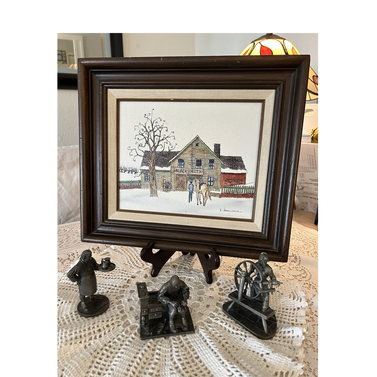 Vintage Rustic Blacksmith Franklin Mint Pewter Figurines Framed Signed Folk Art
