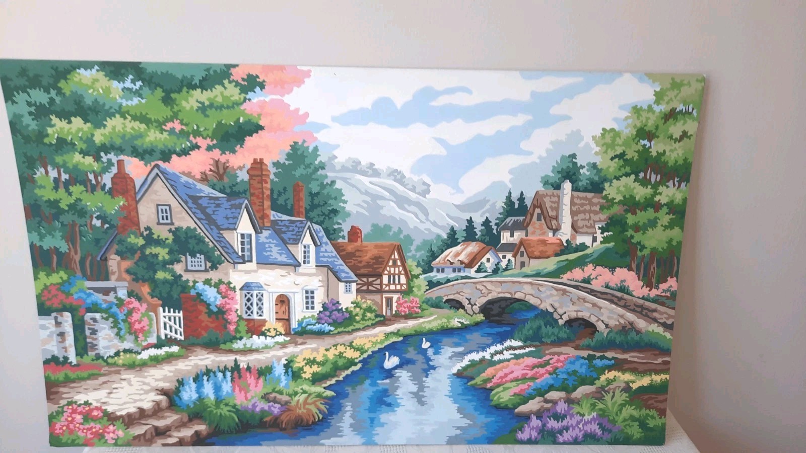 English Cottage Countryside Paint By Number River Swans Bridge House 20×12