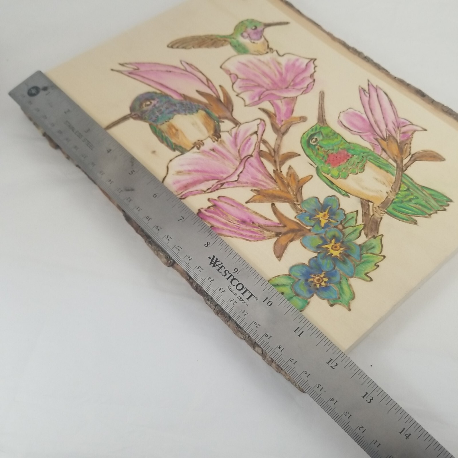 Hummingbirds w/ Pink Flowers on Wood Plank Wood Burning Folk Signed Joi 12″x10″