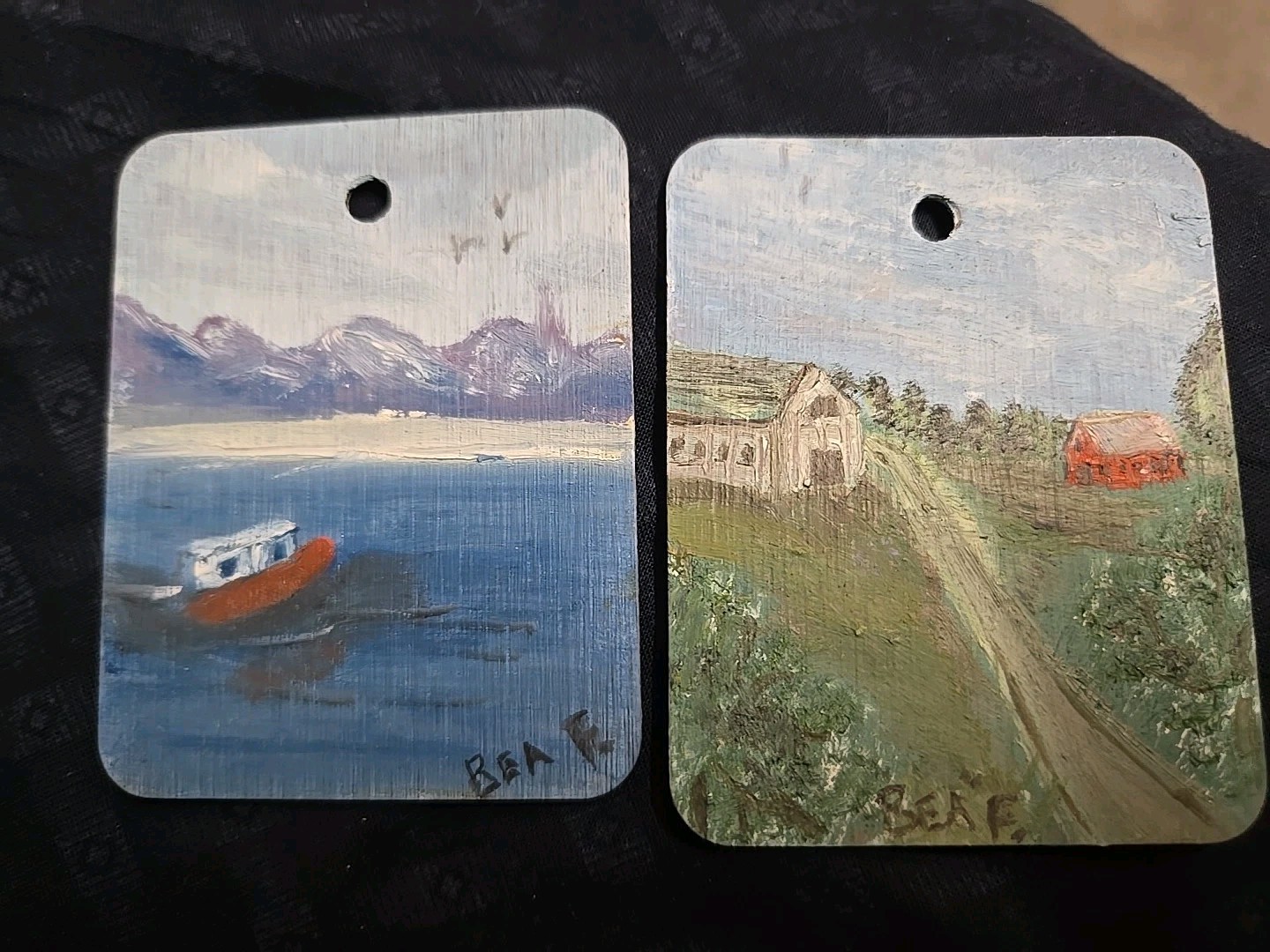 2Vtg Dollhouse Miniature Hand Painted Farmhouse Lake Boat Painting On Wood 2.5″