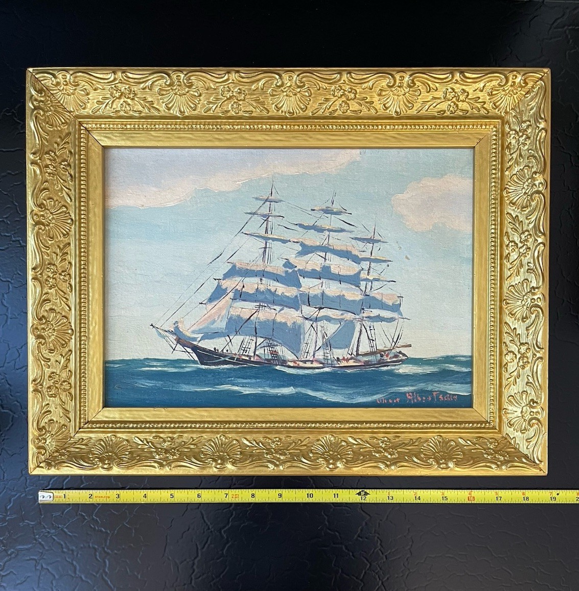 Antique Artist Signed Clipper Ship Maritime Seascape Oil Painting American c1925