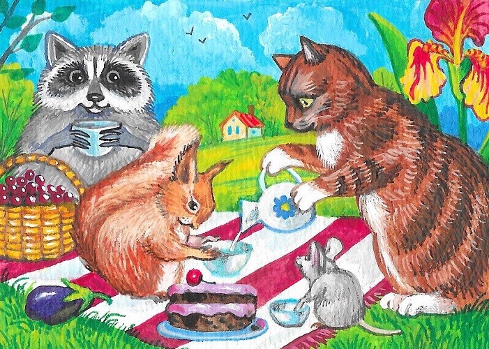 5×7 Print of Painting RYTA ART tabby squirrel mouse landscape Summer tea harmony