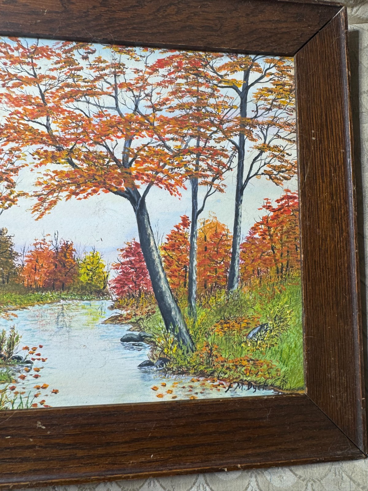 Vintage F.M Dyer «Fall River Landscape Scene» Oil Painting – Signed And Framed