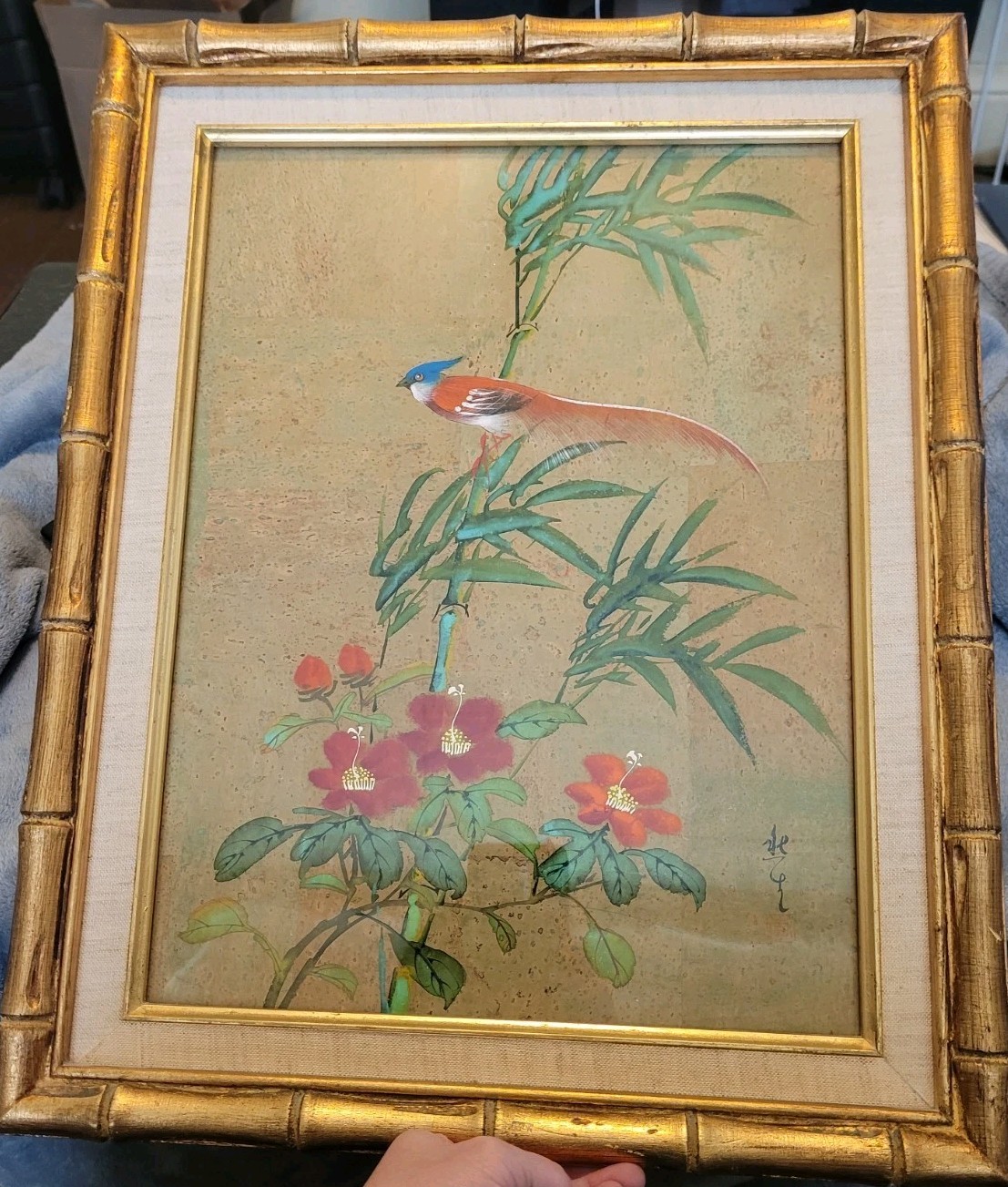Vintage Chinoiserie Bird & Flowers Painting 19.75in X 15.75in