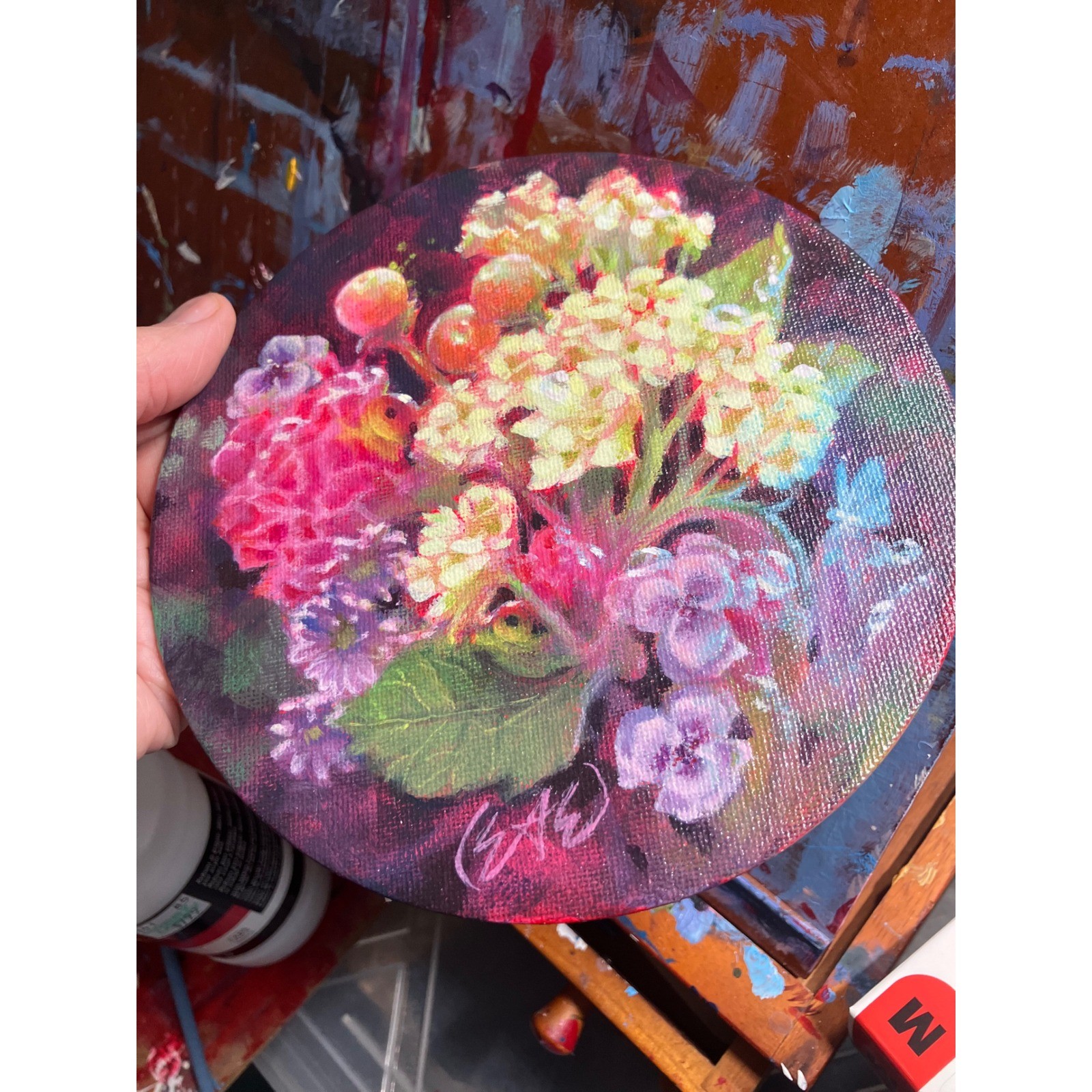 ORIGINAL Floral Painting Round Art flower still life Pansy ladybugs US Artwork
