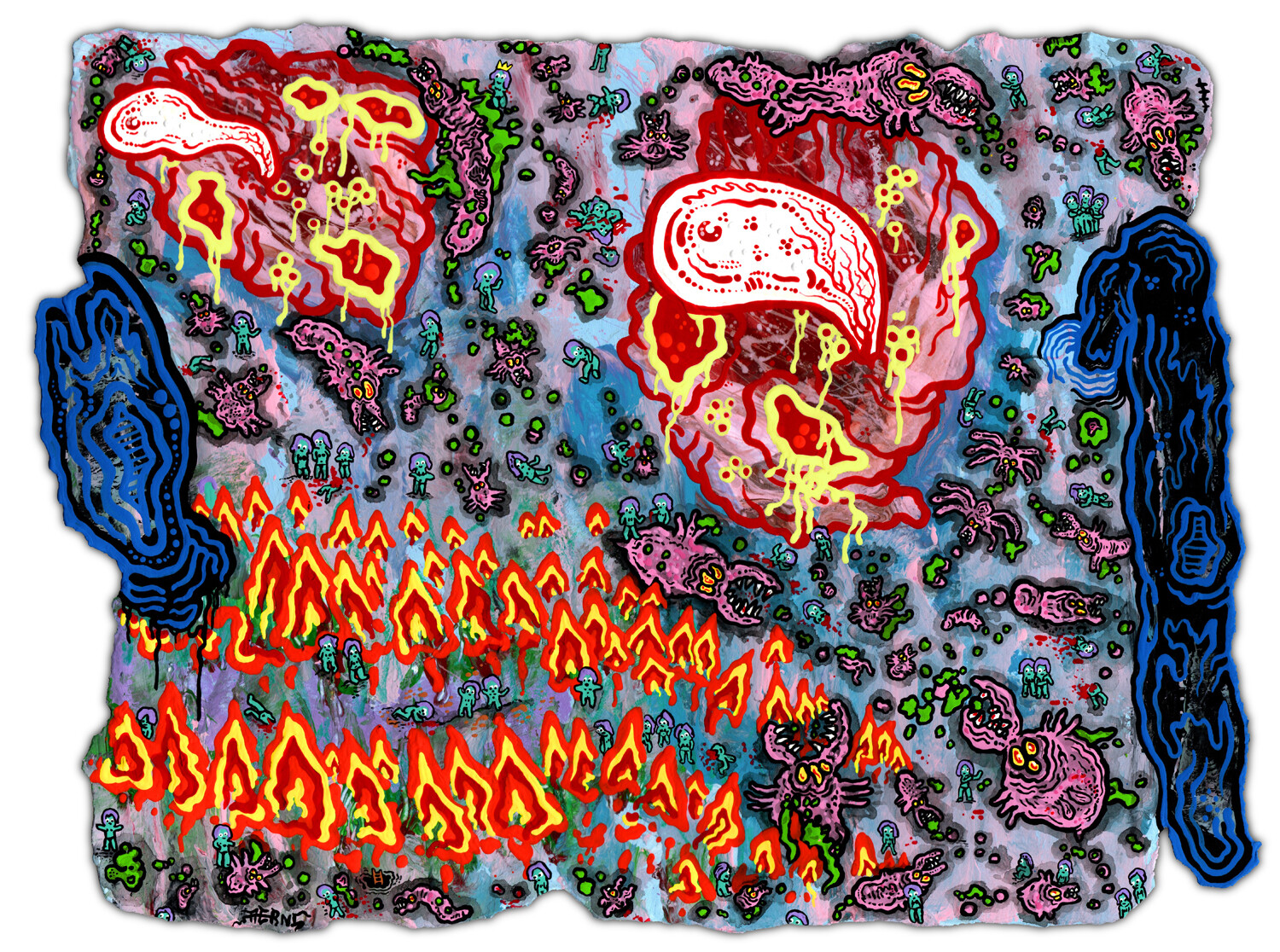 Original HAPPY GRAVE year 2022 PAINTING «DOGHEADSCAPE A MIGHTY MAX HELLWORLD»