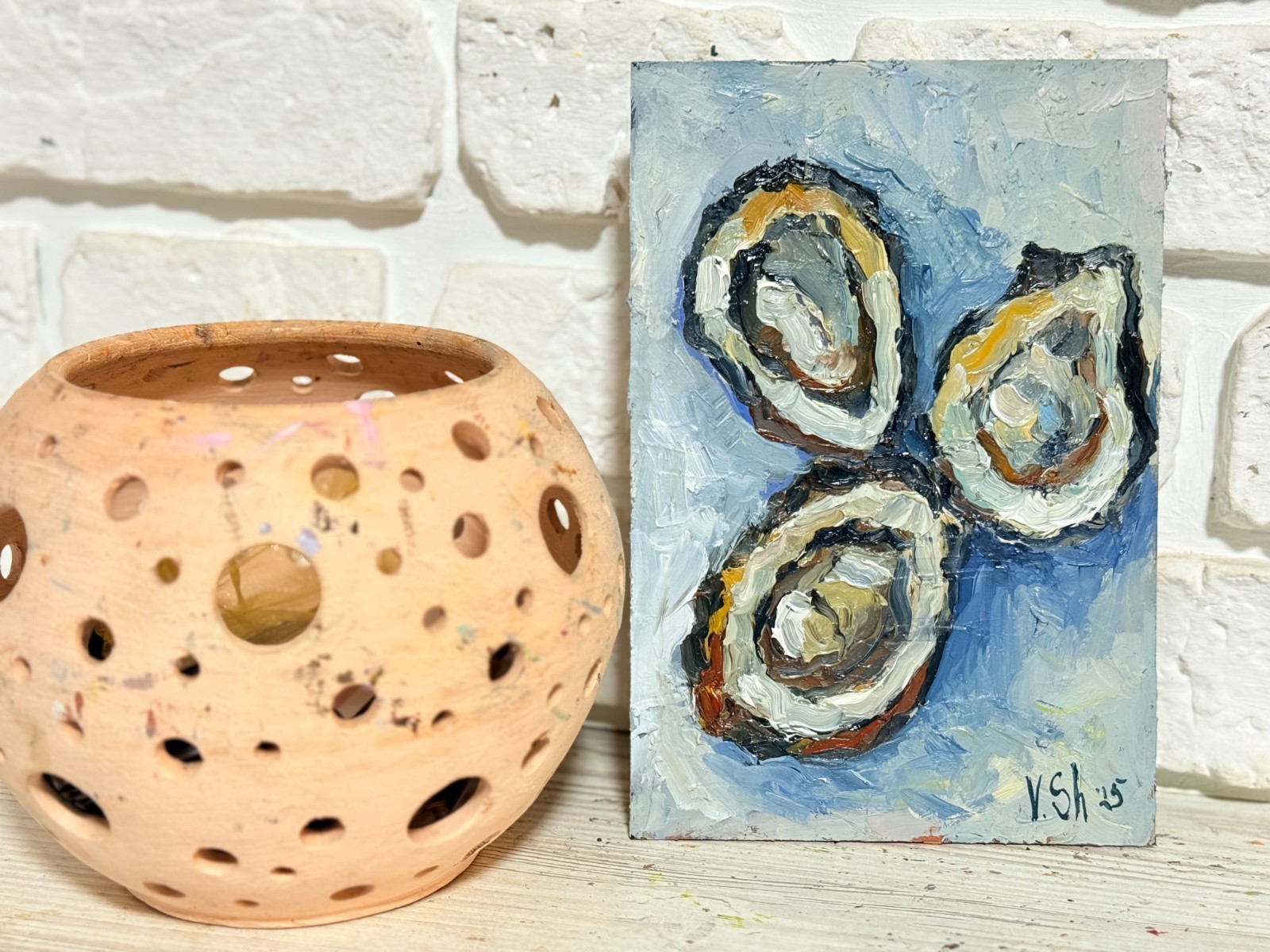 Oysters Original Oil Painting Fish Seafood Art Still life Kitchen Signed 8×5.5