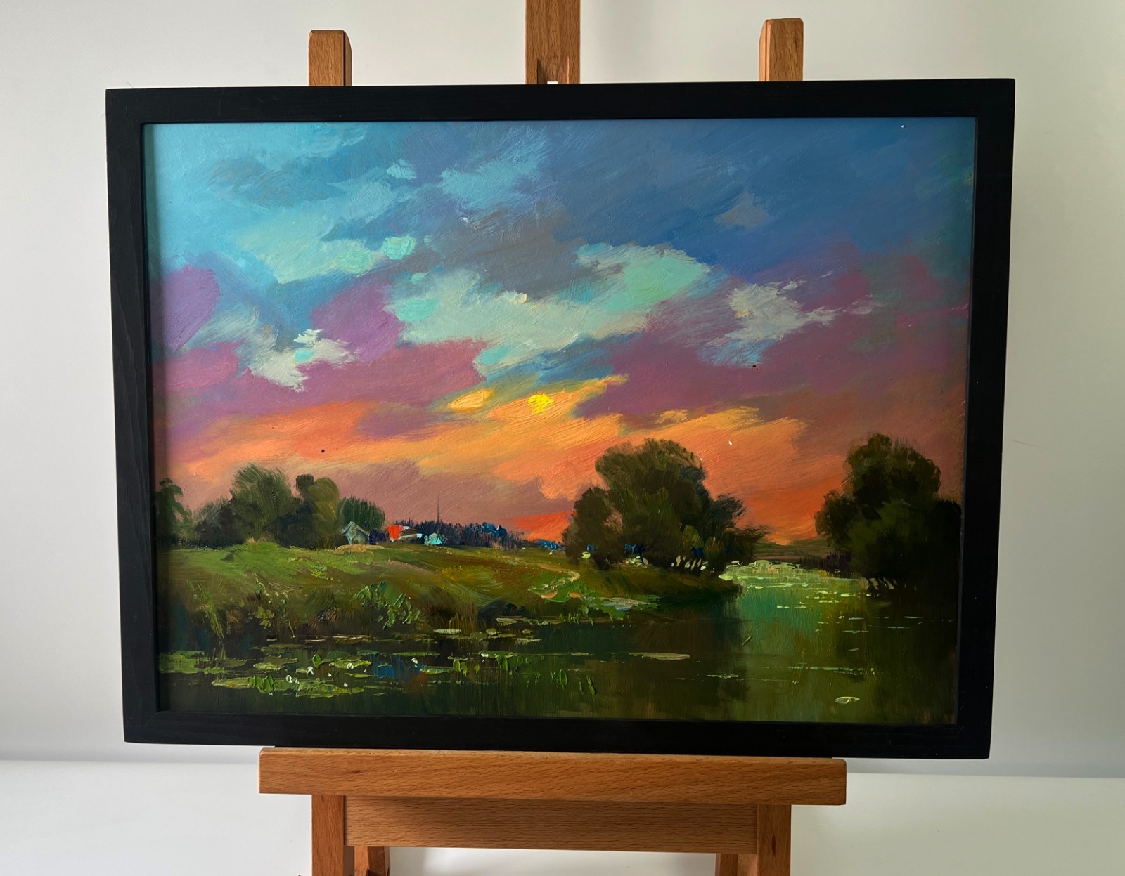 Oil Painting Orange Sunset Over The River Y. Suprunchuk Romantic Nature nAAA5756