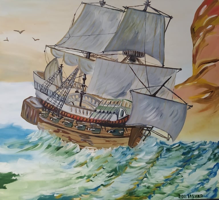 art 471 original painting 50×55 cm ZP oil on canvas ship see landscape modern