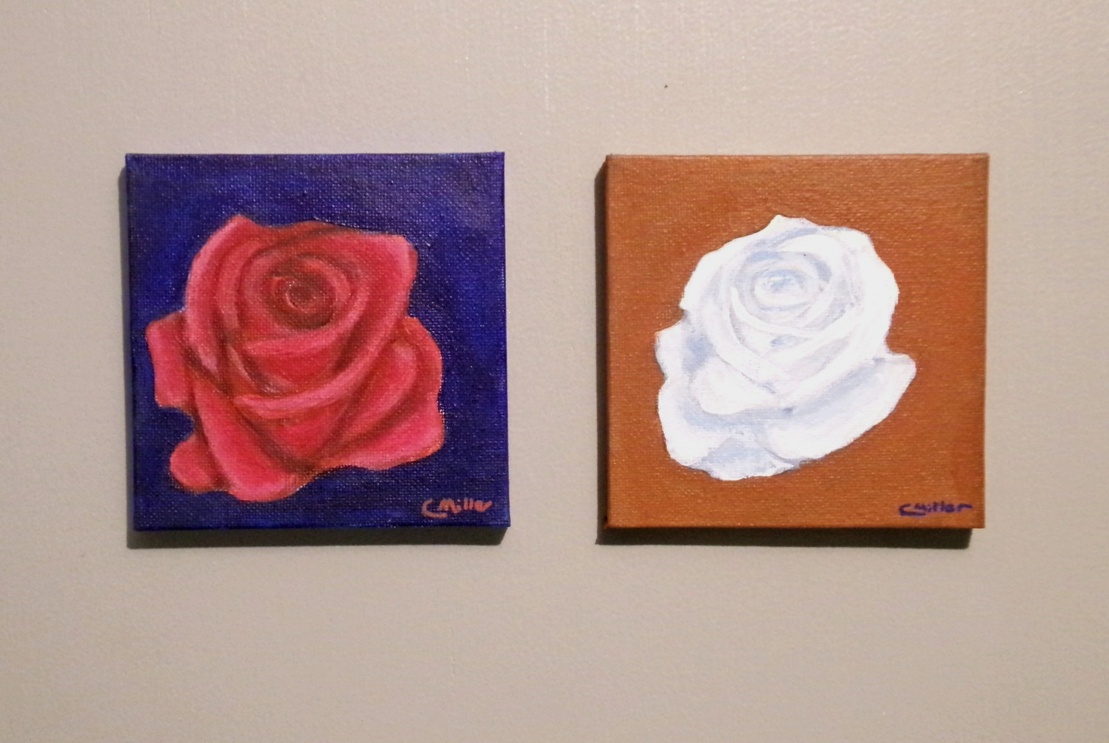 Original Painting Set of Roses Red & White Flowers 4×4 Small Modern Wall Art