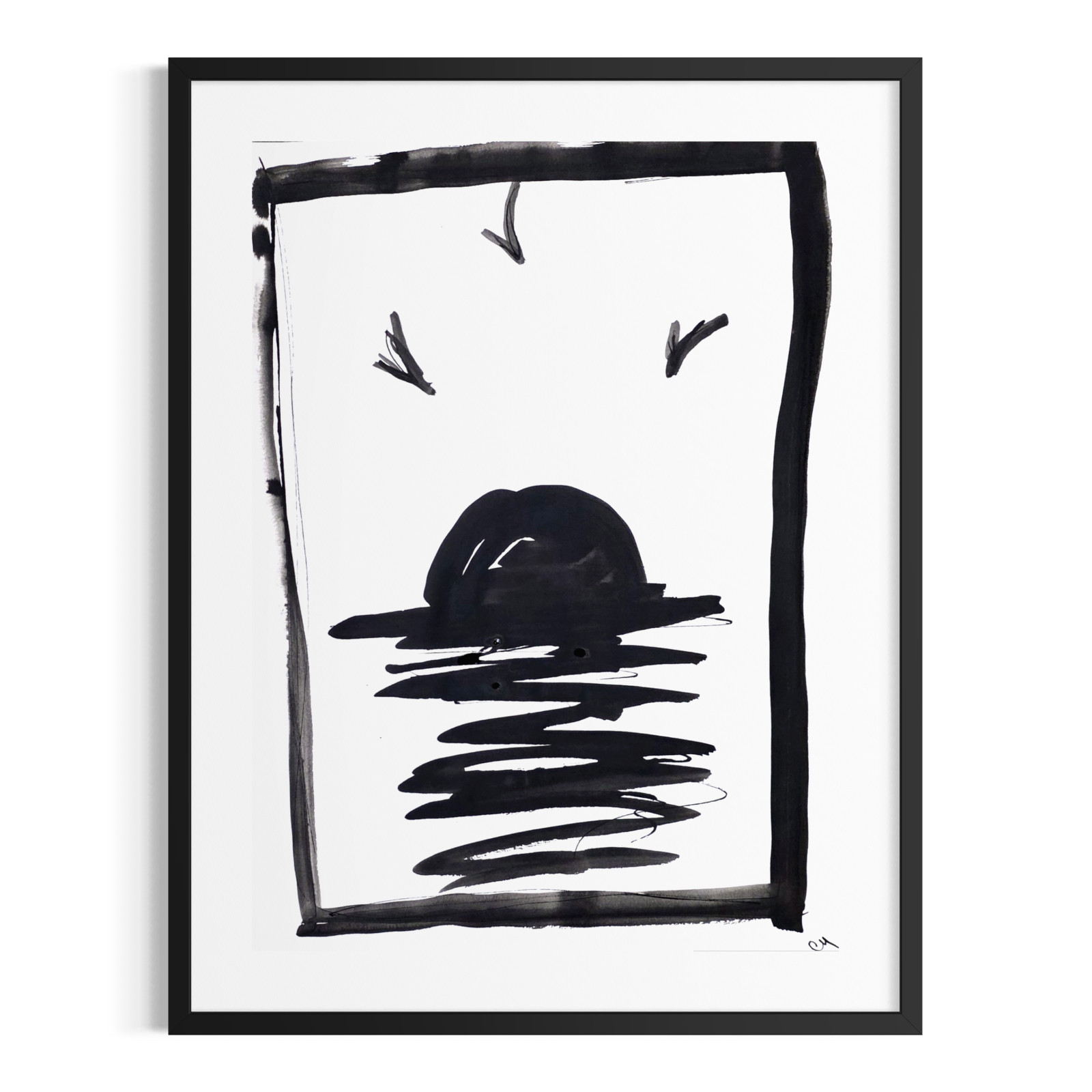 Original Abstract 9×12 Seascape Painting Black White Minimalist Acrylic Paper