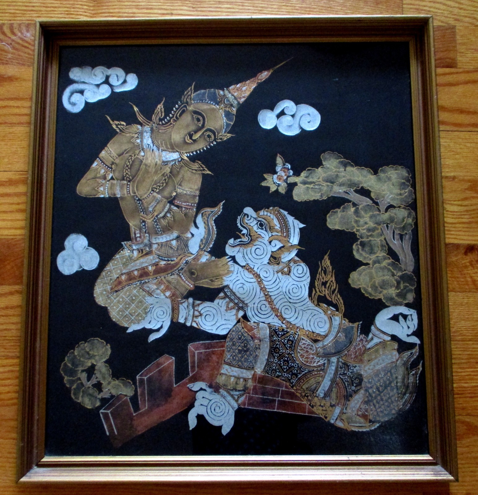 Vintage Thai Silk Painting / Gold Rubbing Framed