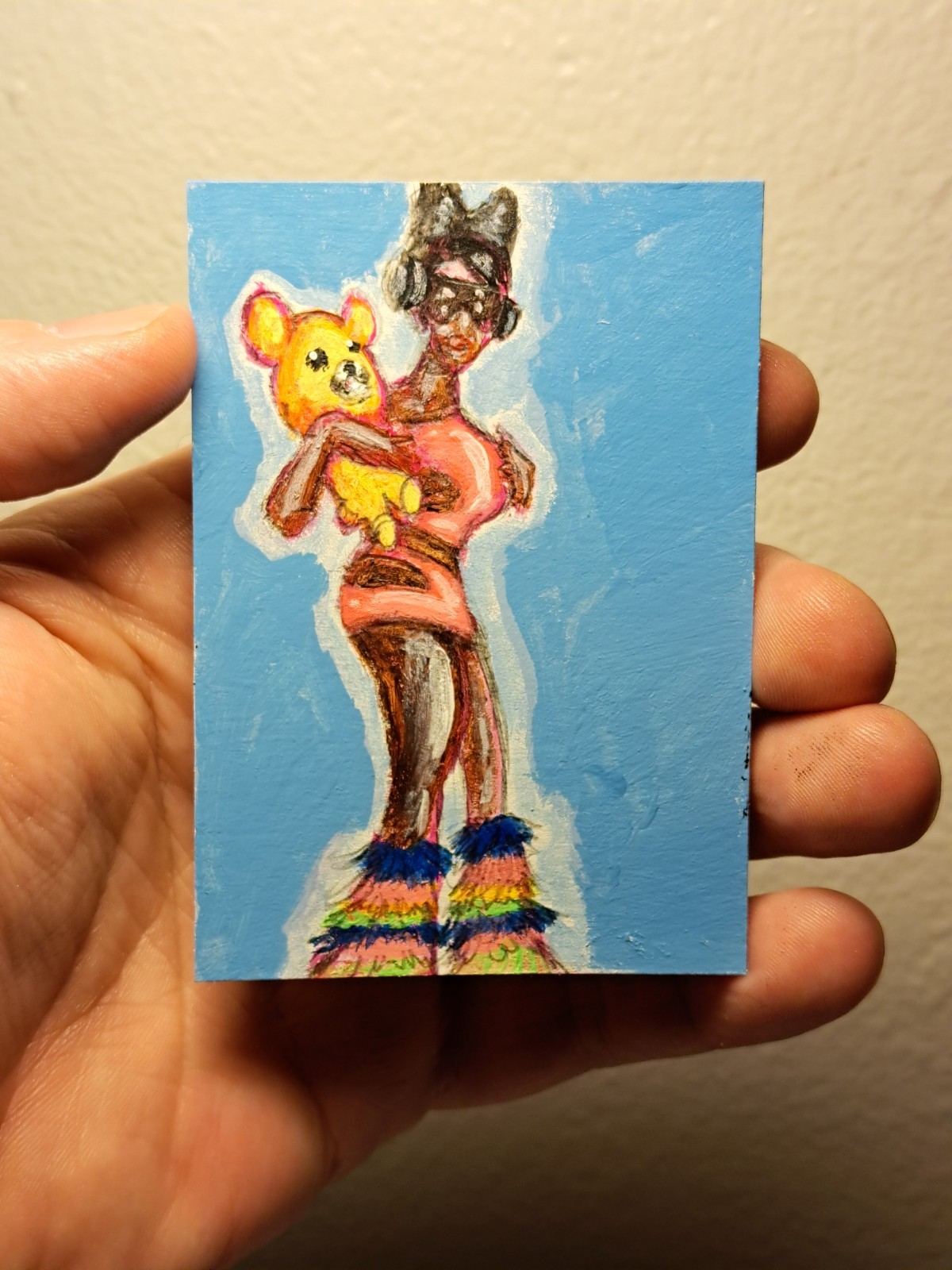 aceo original art card acrylic ink «sexy girl w/teddy» (ooak) Limit 1/1 signed