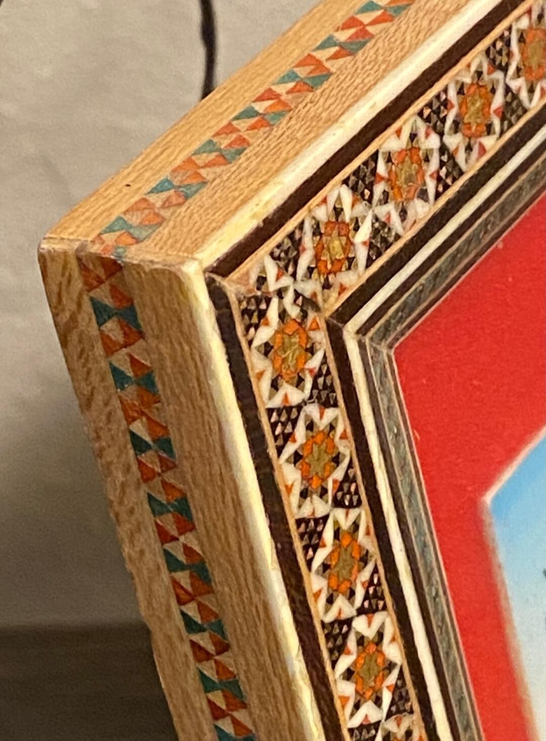 Persian Hand Painted Camel Bone Artwork in Wood Khatam Marquetry Frame Folk Art