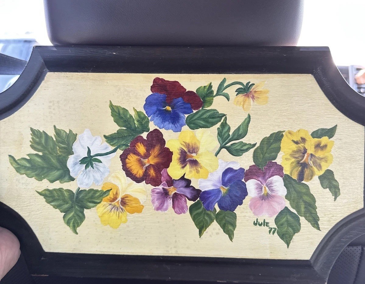 Hand painted wood plaque. 14×8 Pansies Picture Dated’77 GrannieCore Signed