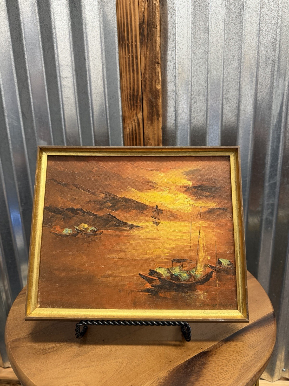 Vintage Harbor Sunset Oil Painting Boats Gold Frame Canvas Nautical Ships