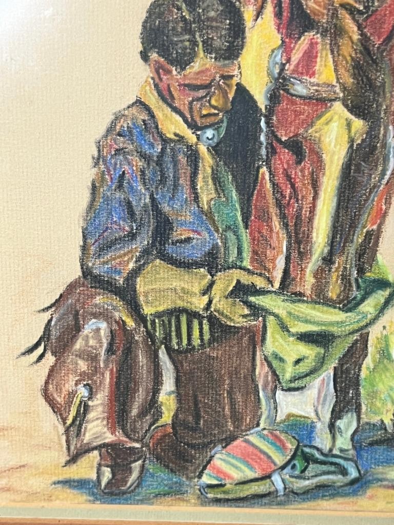 Vintage Cowboy Man Horse Last Drop From His Stetson Hat Landscape Pastel Artwork