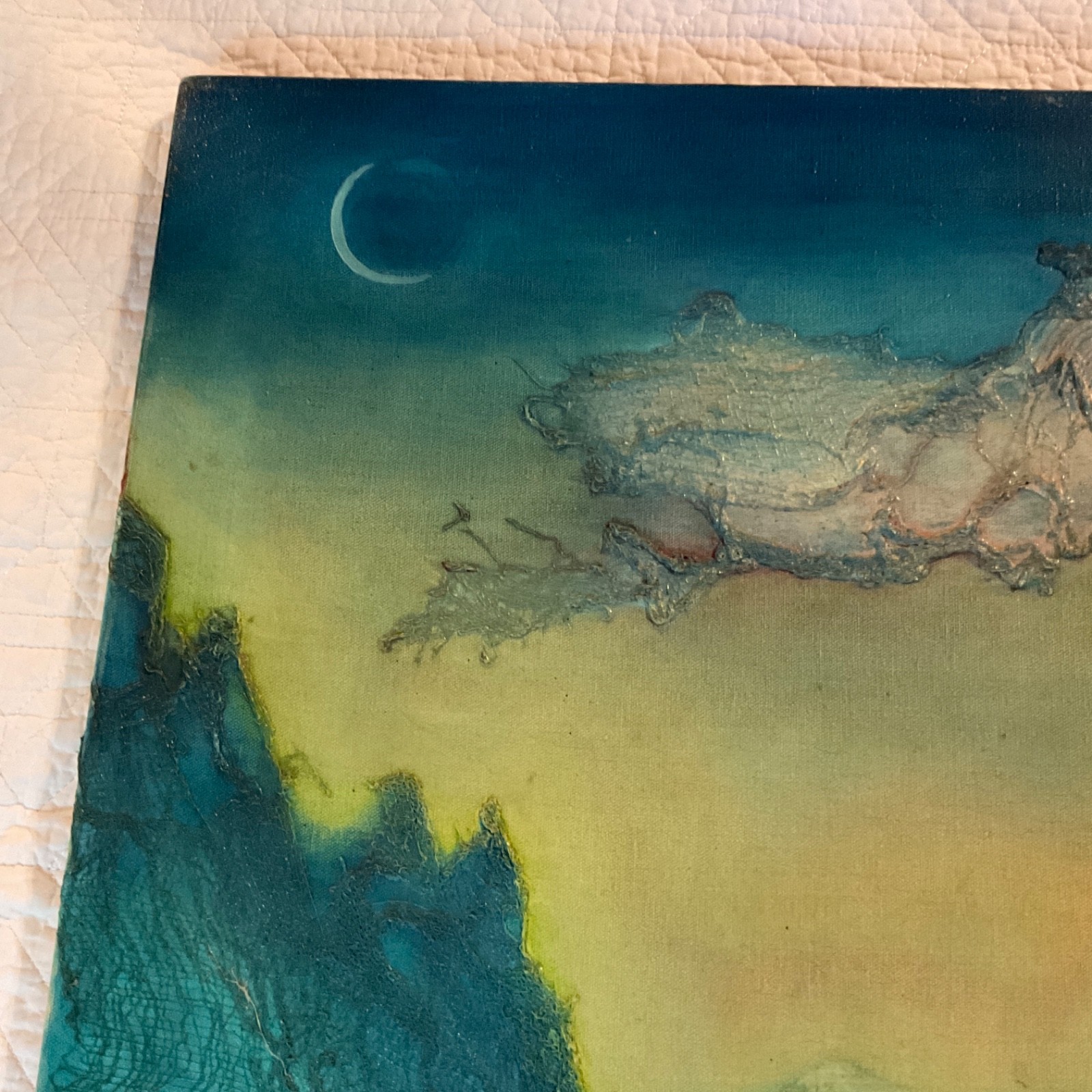 VINTAGE original hand painted oil Painting collage fantasy mystical mountains