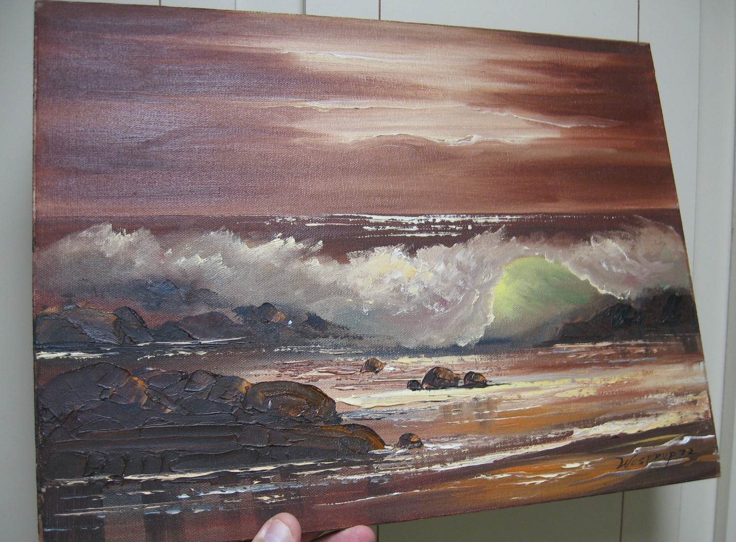 1972 Oil Painting on Masonite Board, Seascape Oceanview, by Westrup, NO FRAMING