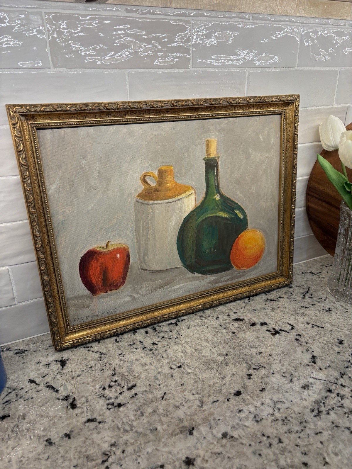 PRECIOUS Framed Still Life Oil Painting on Canvas Signed Fruit Bottle Jug