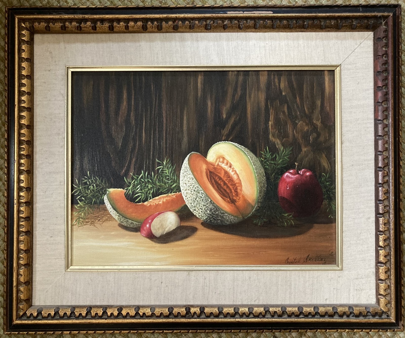 Crystal Skelley Original Still Life Oil Painting on Canvas Cantaloupe 1981