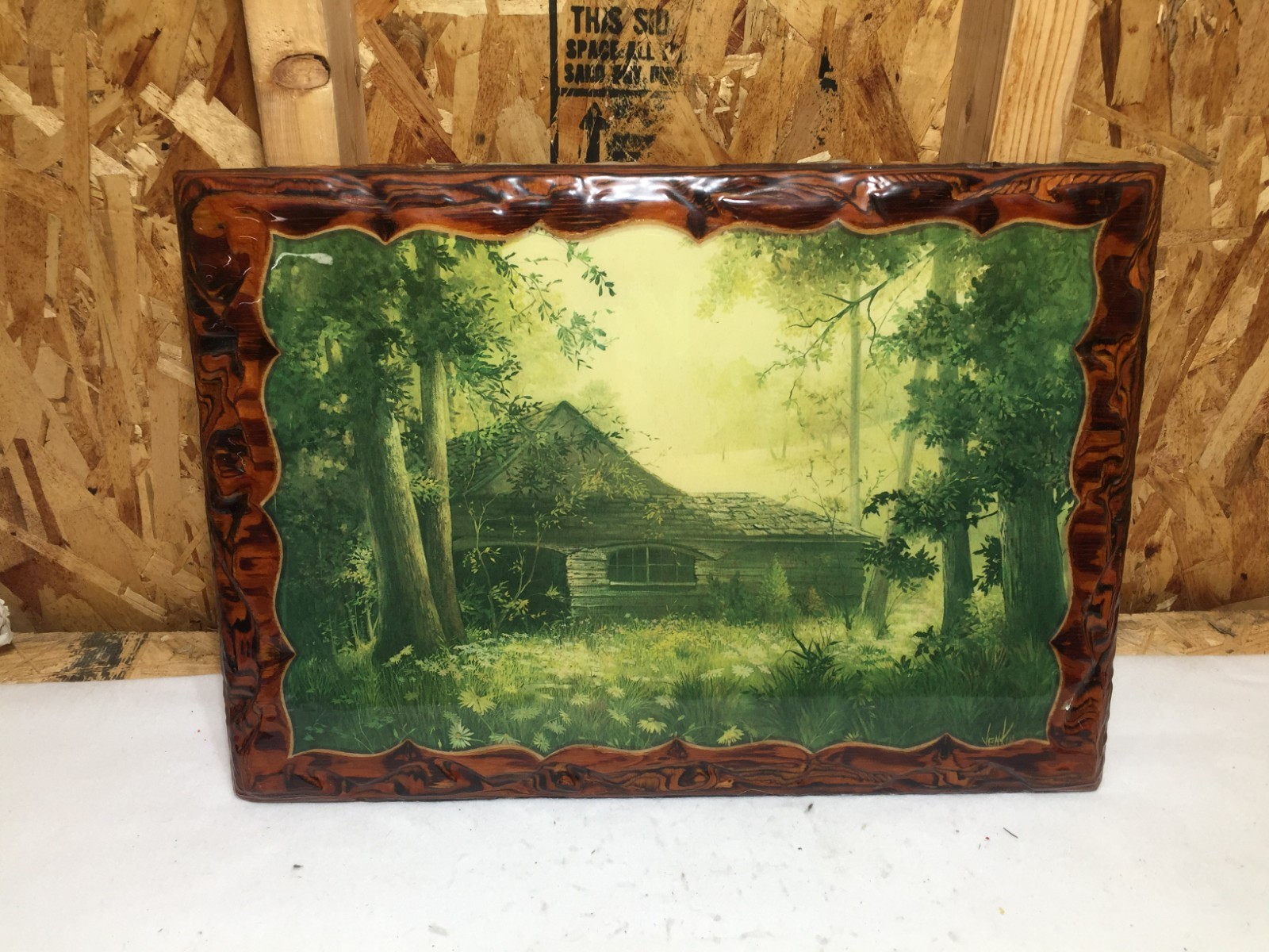 VTG Landscape Painting Resin Hand Carved Wood Plaque Venkin 20″X14″