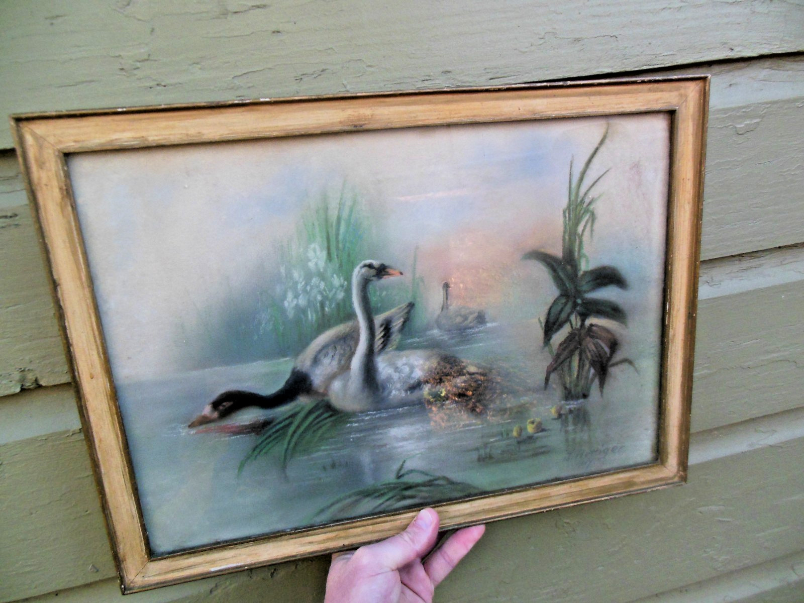 Antique 1917 Swan Painting » J. Hottiger » 19″ x 13 1/2″ Authentic Original