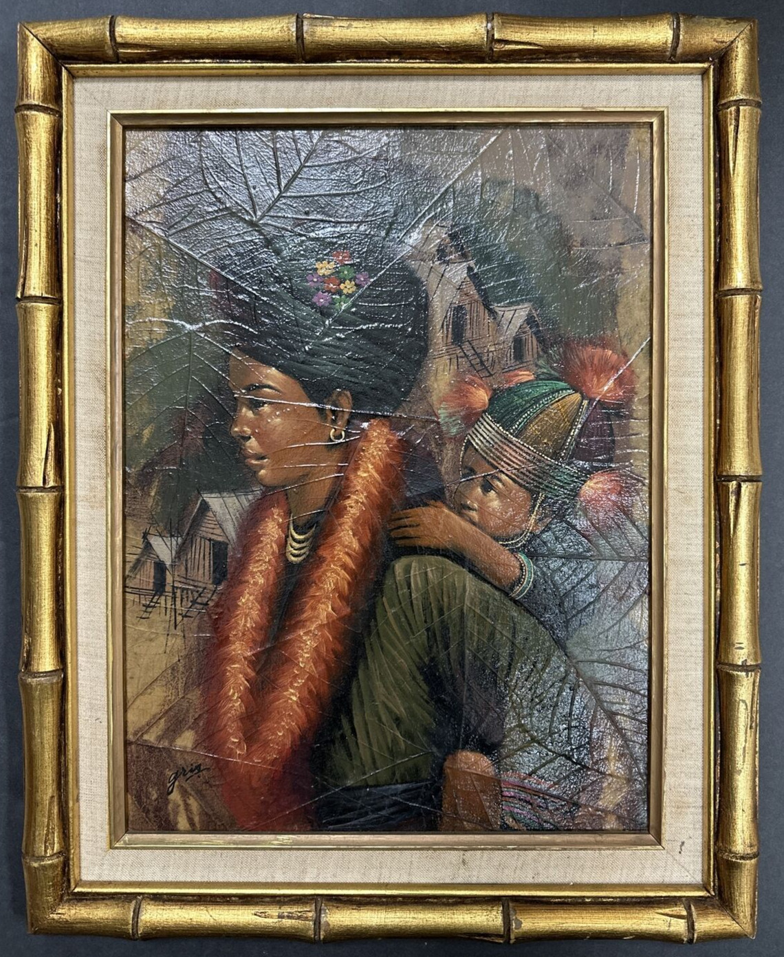 VINTAGE ART OIL PAINTING ON A TOBACCO LEAF THAILAND SIGNED GRIS