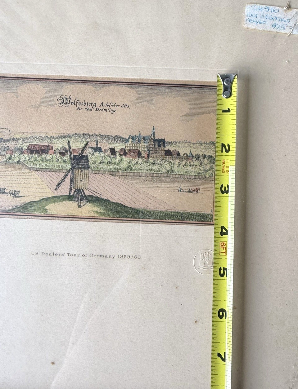Antique Hand Colored Engraving Wolfsburg Germany Windmill Cityscape 1700s Framed