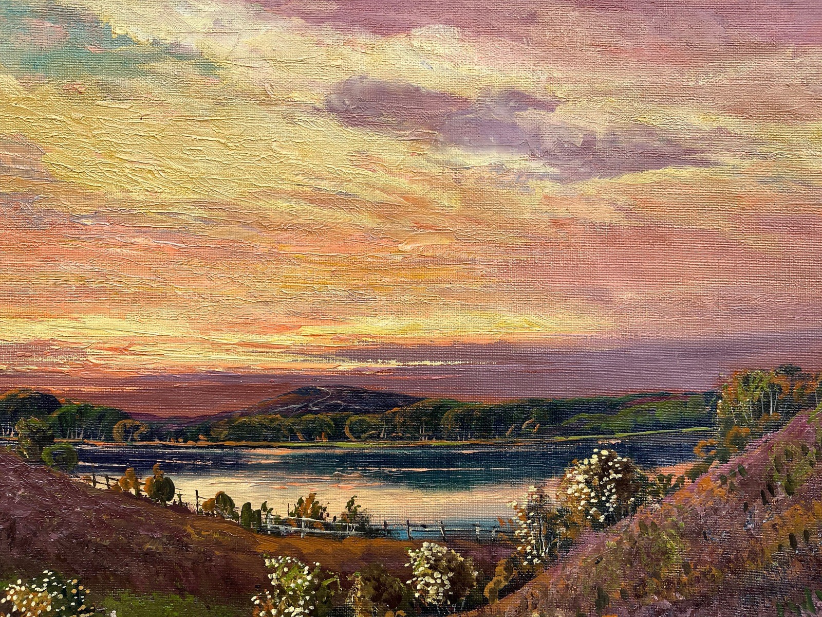 Impressionist Evening Summer Landscape With Lake Oil Painting, Antique, Framed