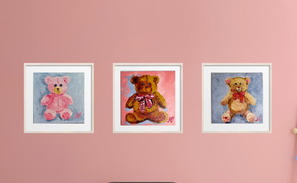 Original Oil Paintings Teddy Bears Triptych Nursery Wall Art Animals Home decor