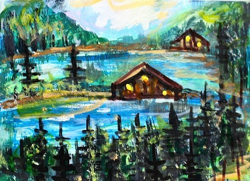 ACEO Original PAINTING Summer Cabin Mountains Lake Tree Nature Landscape ATC ART