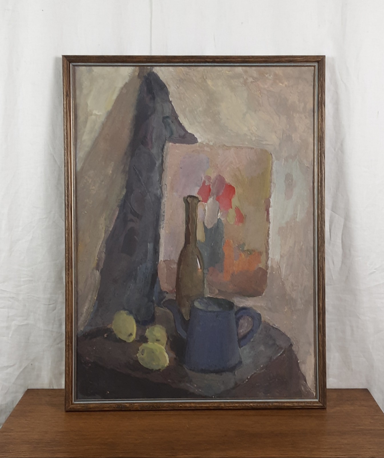 Original Gouache Still Life Painting Vintage Framed Modernist Art 1980s