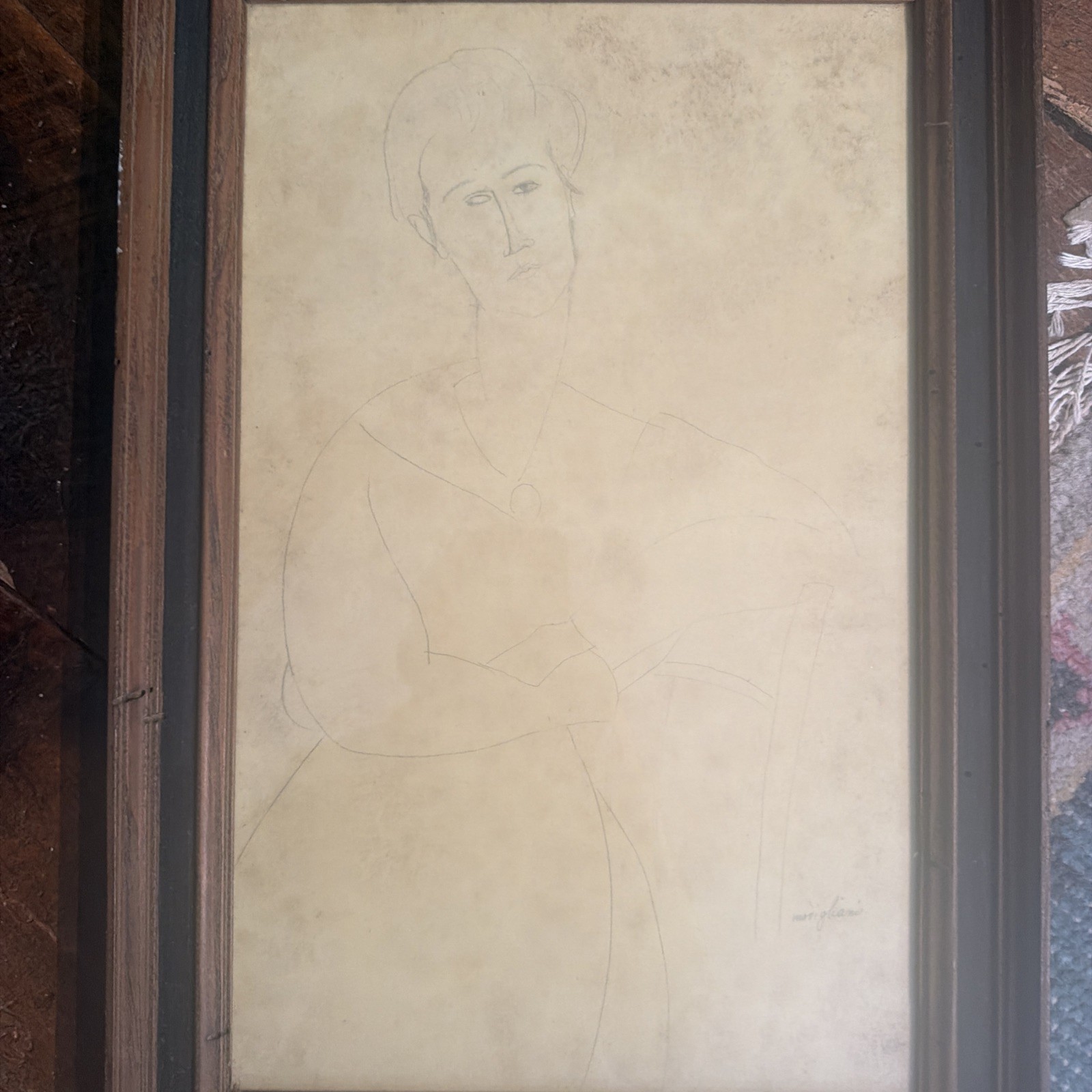 Modigliani Framed Sketch, Signed Copy, Framed With Peacock Emboss, 1963