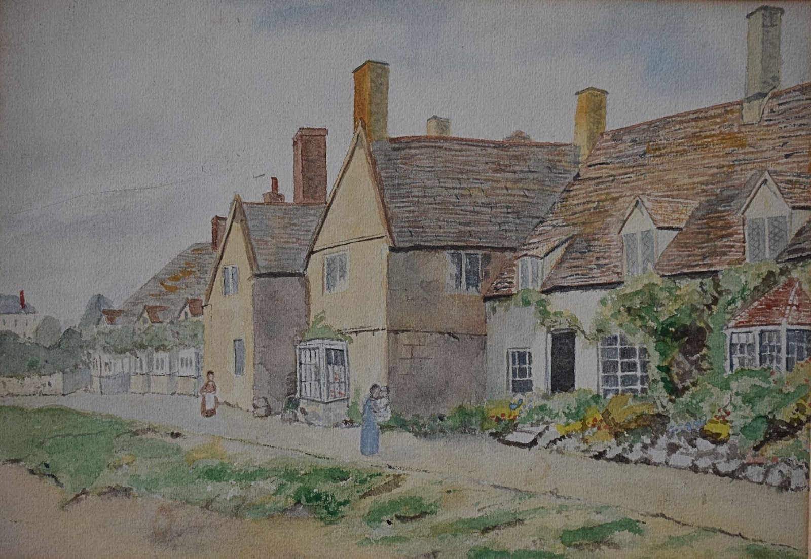 FIGURES BEFORE RURAL COTTAGES ANTIQUE WATERCOLOUR ENGLISH SCHOOL UNSIGNED c1900