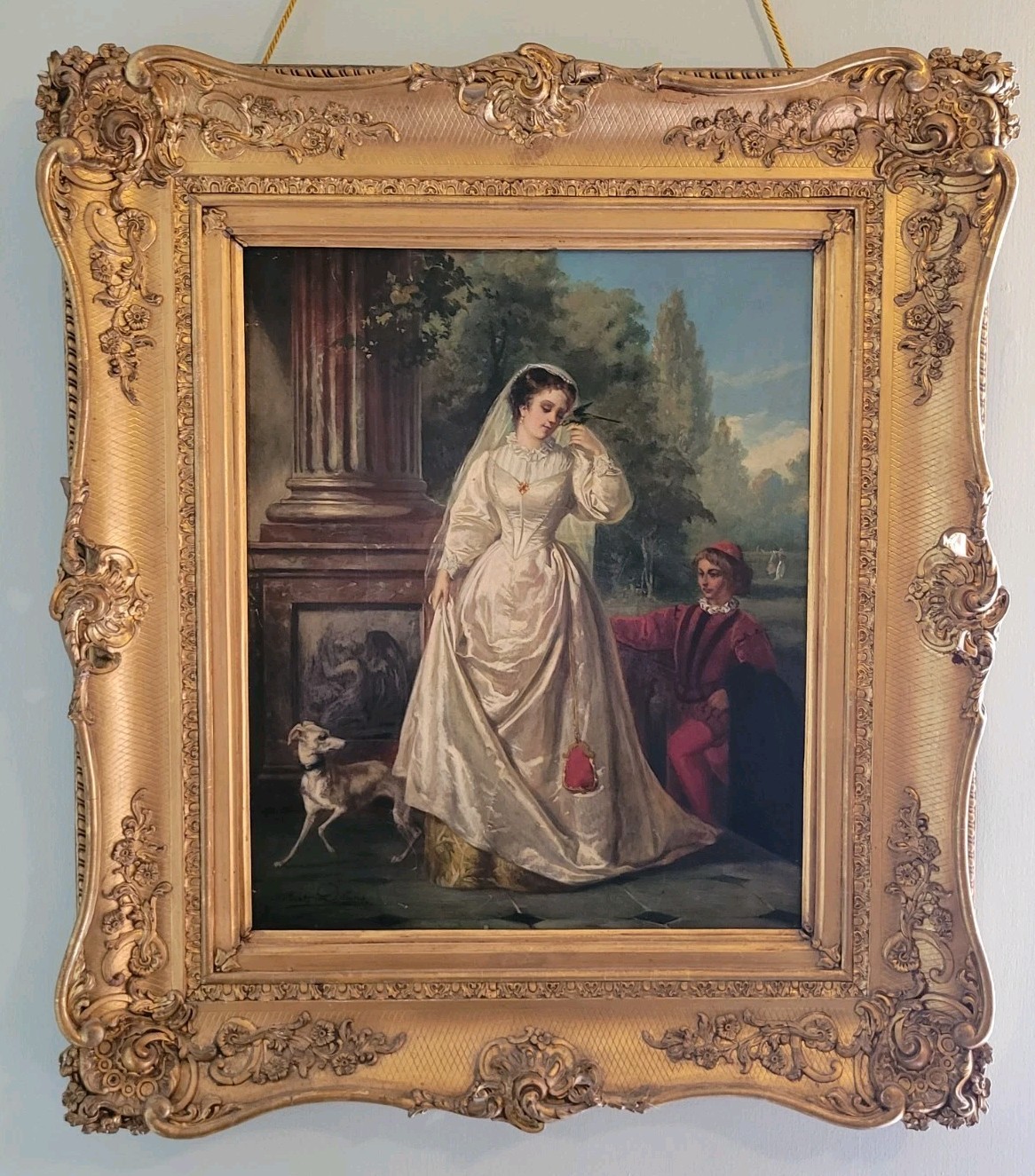 Oil Painting Signed Albert Dillens Framed Woman in White Dress Greyhound Antique