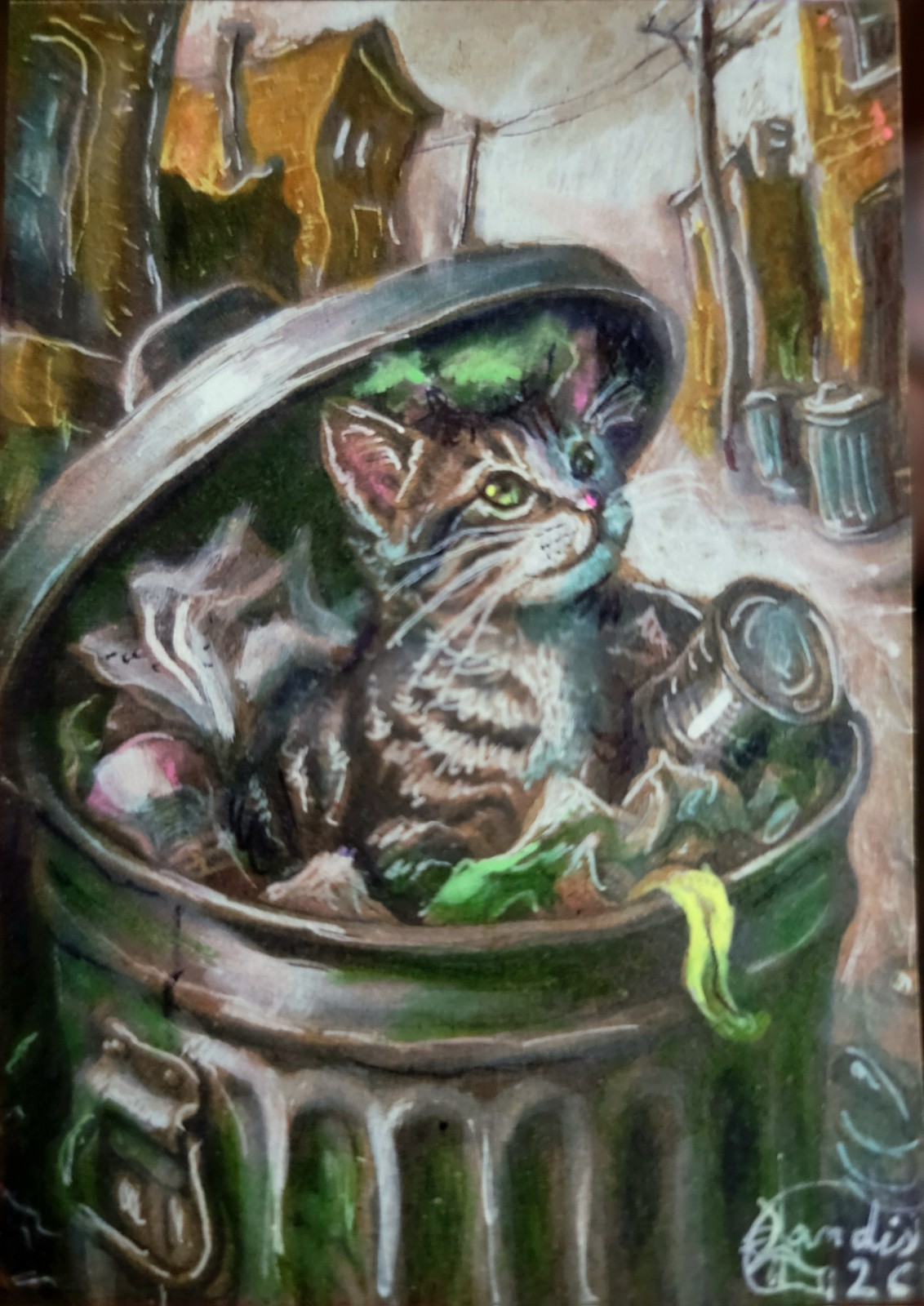 ACEO ORIGINAL PRINT #/ 25 Card Jacob Landis Kitty Tabby Whimsy Art «Trash Cat»